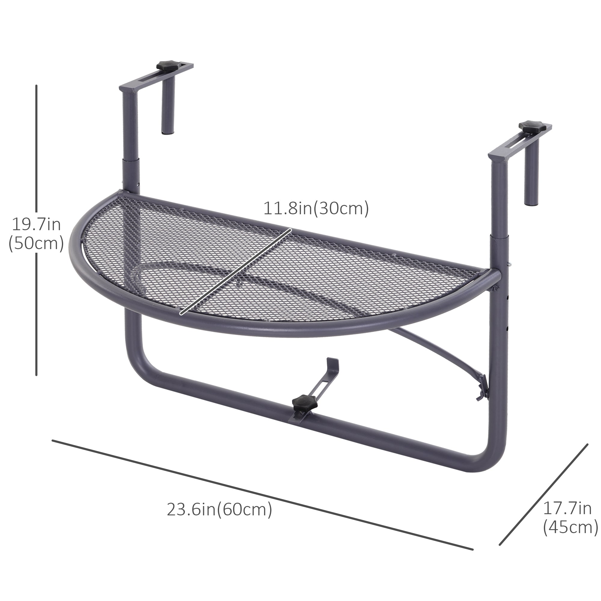 Adjustable Balcony Hanging Railing Table, Metal Mounting Mini Wall Desk Storage Rack, Outdoor Flower Stand Serving Table Half Round, Grey Balcony Table Hanging   at Gallery Canada