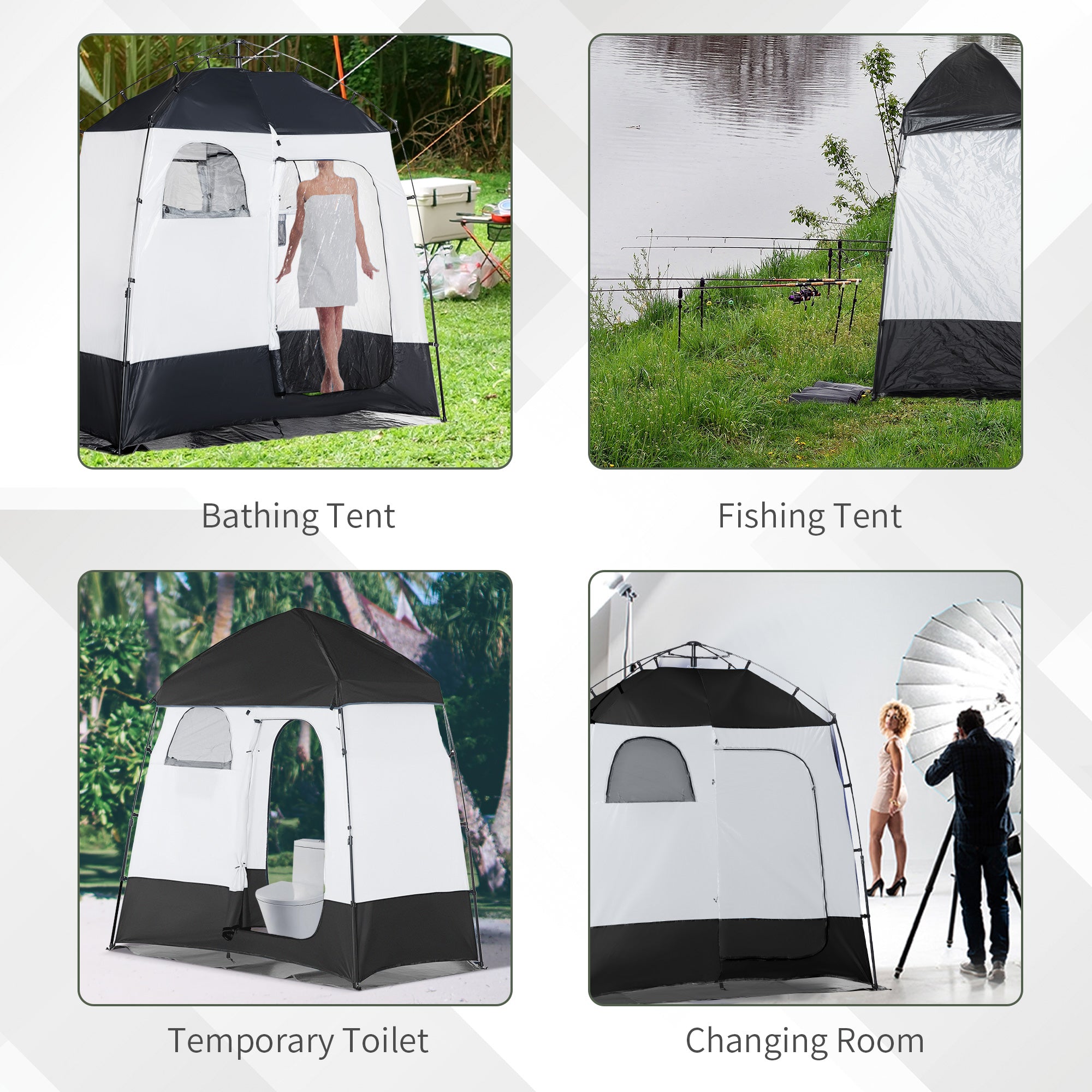 Pop Up Shower Tent, Portable Privacy Shelter for 2 Persons, Changing Room with 2 Windows, 3 Doors, Carrying Bag, Grey and Black Camping Tents   at Gallery Canada