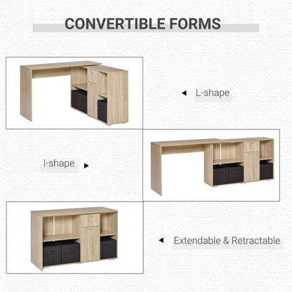 Convertible L-Shaped Computer Desk, Corner Table wth 3 Fabric Storage Boxes, Retractable Home Office Desk, Oak - Gallery Canada
