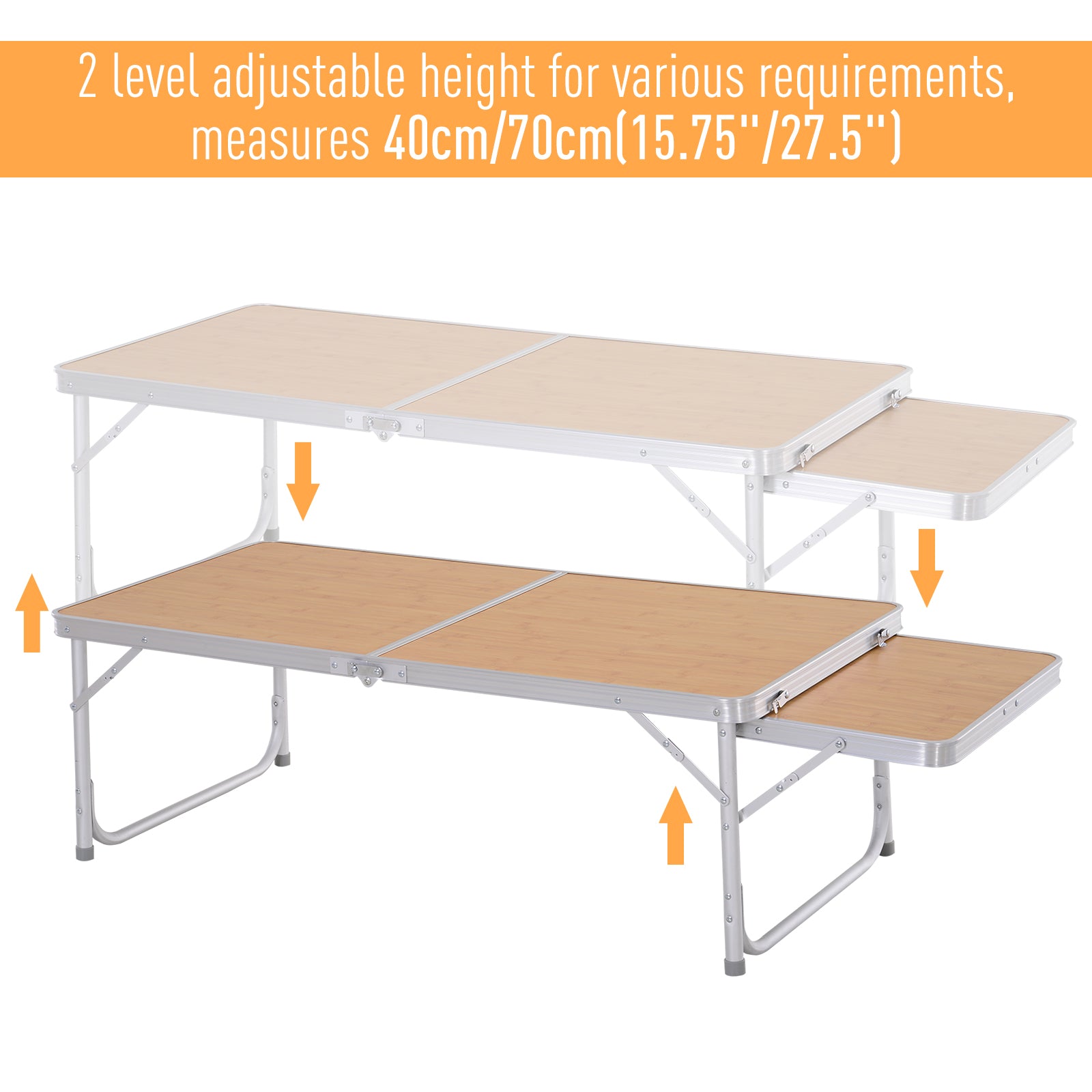 Portable 4ft Aluminum Folding Picnic Table with Slide Shelf, Adjustable Height, Lightweight for Camping BBQ, Bamboo Colour Picnic Tables & Camping Chairs   at Gallery Canada