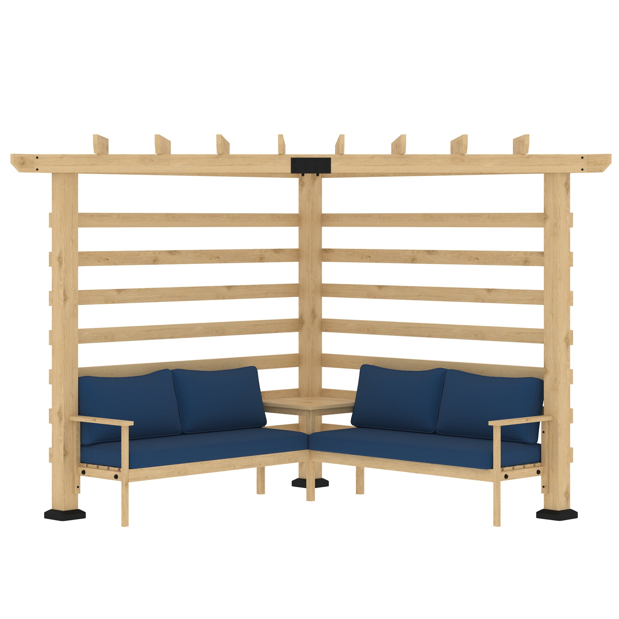 9' x 9' Corner Pergola with Conversation Set and Cushions, Fir Wood Outdoor Pergola with End Table, Natural and Blue Pergolas   at Gallery Canada