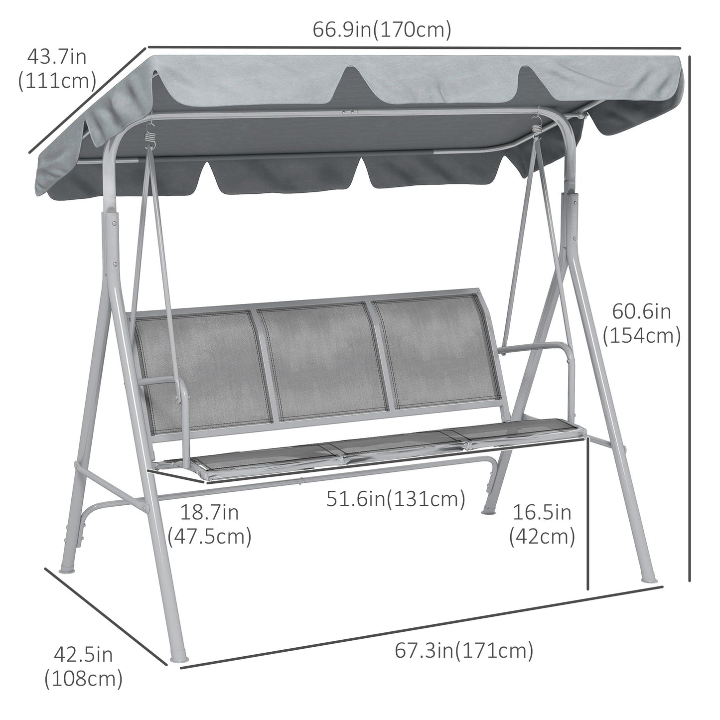 3-Seater Outdoor Swing Chair, Patio Swing, A Frame Porch Swing with Canopy, Garden Hammock Glider Bed, Light Grey Patio Swings with Stand   at Gallery Canada