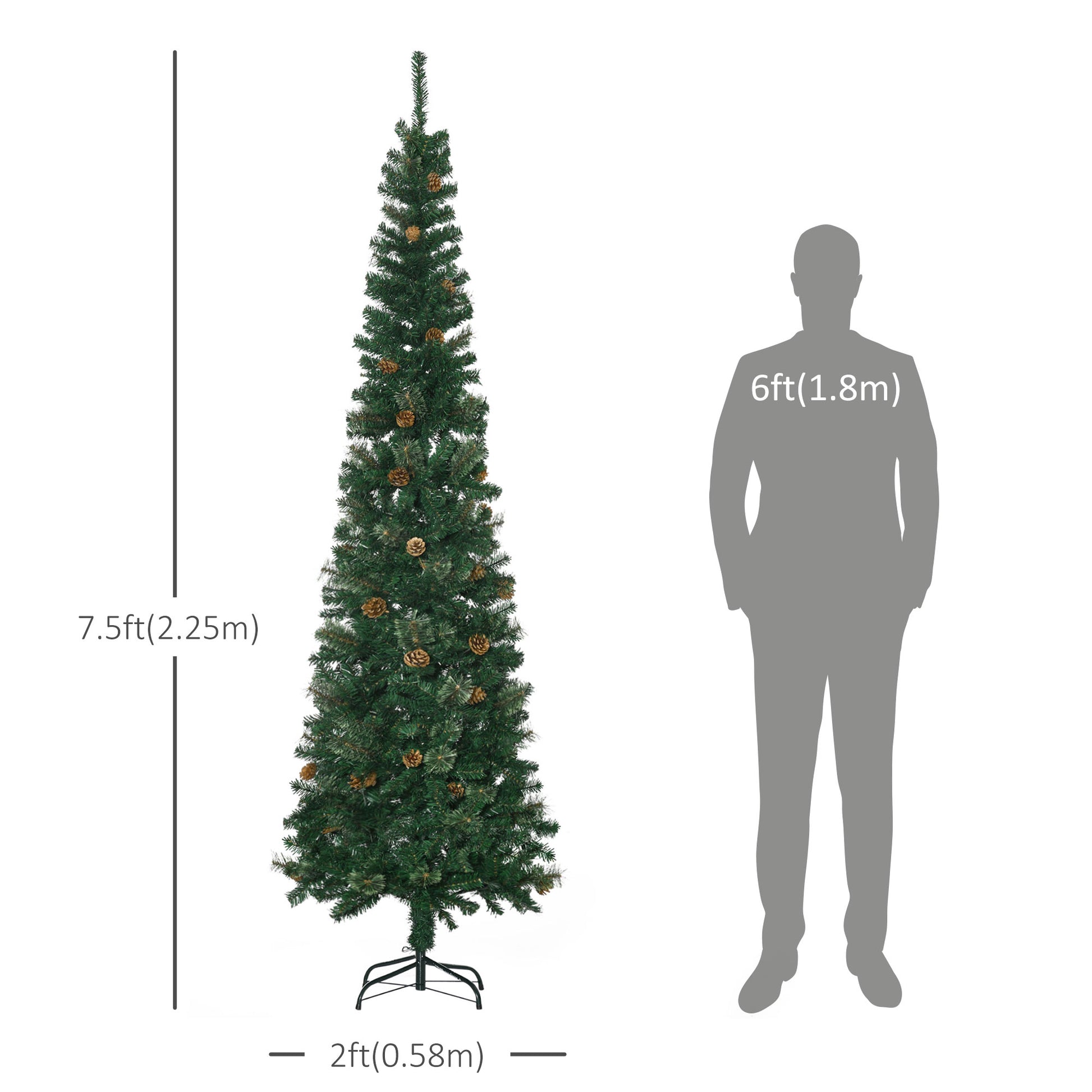 7.5ft Pencil Christmas Tree, Artificial Christmas with Pine Needles, Realistic Branches, Pine Cones, Metal Base, Green Pencil Christmas Trees   at Gallery Canada