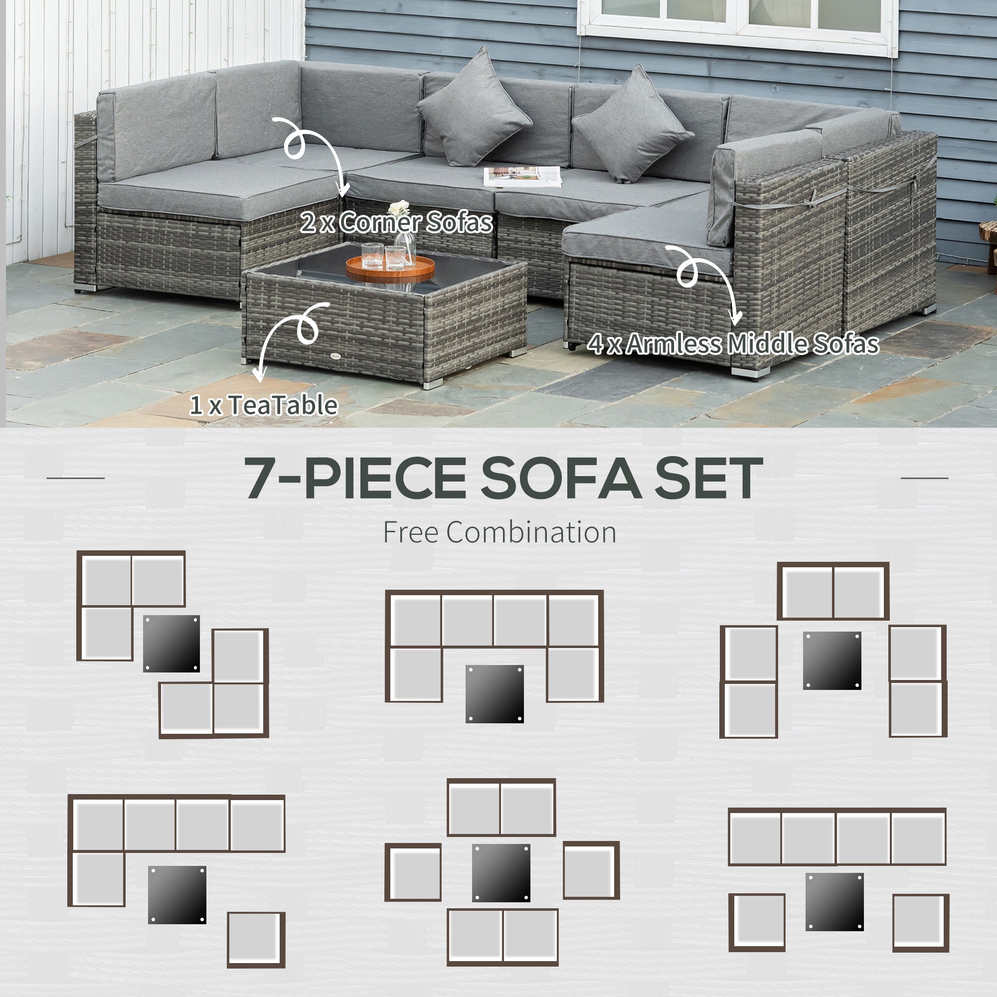7pc Garden Wicker Sectional Set w/ Tea Table Patio Rattan Lounge Sofa Outdoor Deck Furniture Light Grey Patio Furniture Sets   at Gallery Canada