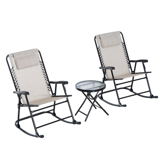 3pc Patio Foldable Rocking Chair Set, Outdoor Rocking Chairs and Table Bistro Set w/ Breathable Mesh Seat &; Backrest, Padded Headrest for park, backyard, garden, Cream White - Gallery Canada