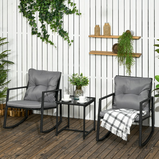 3 Pieces Rocking Bistro Set, Outdoor Wicker Patio Furniture with Glass Coffee Table and Outside Rocking Chairs for Porch, Lawn, Conversation Sets with Thick Cushions, Gray - Gallery Canada