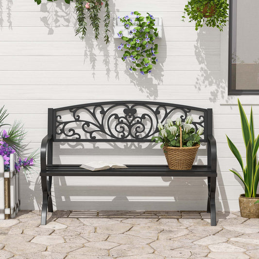 50" 2-Seater Garden Bench, Patio Porch Decorative Chair Cast Iron Loveseat Outdoor Furniture for Yard, Lawn, Porch, Black - Gallery Canada