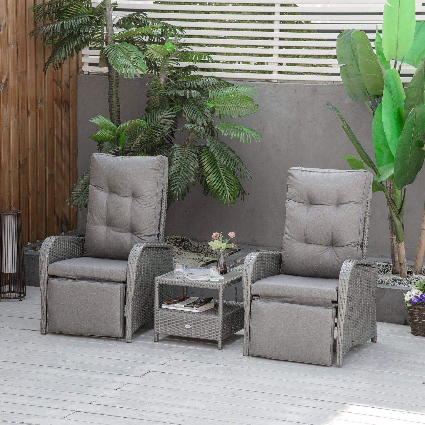 3 Pieces Patio Wicker Bistro Set, PE Rattan Coffee Table &; Adjustable Recline Chairs Furniture Set with Cushions and Wood Grain Plastic Top, Grey Bistro Sets   at Gallery Canada