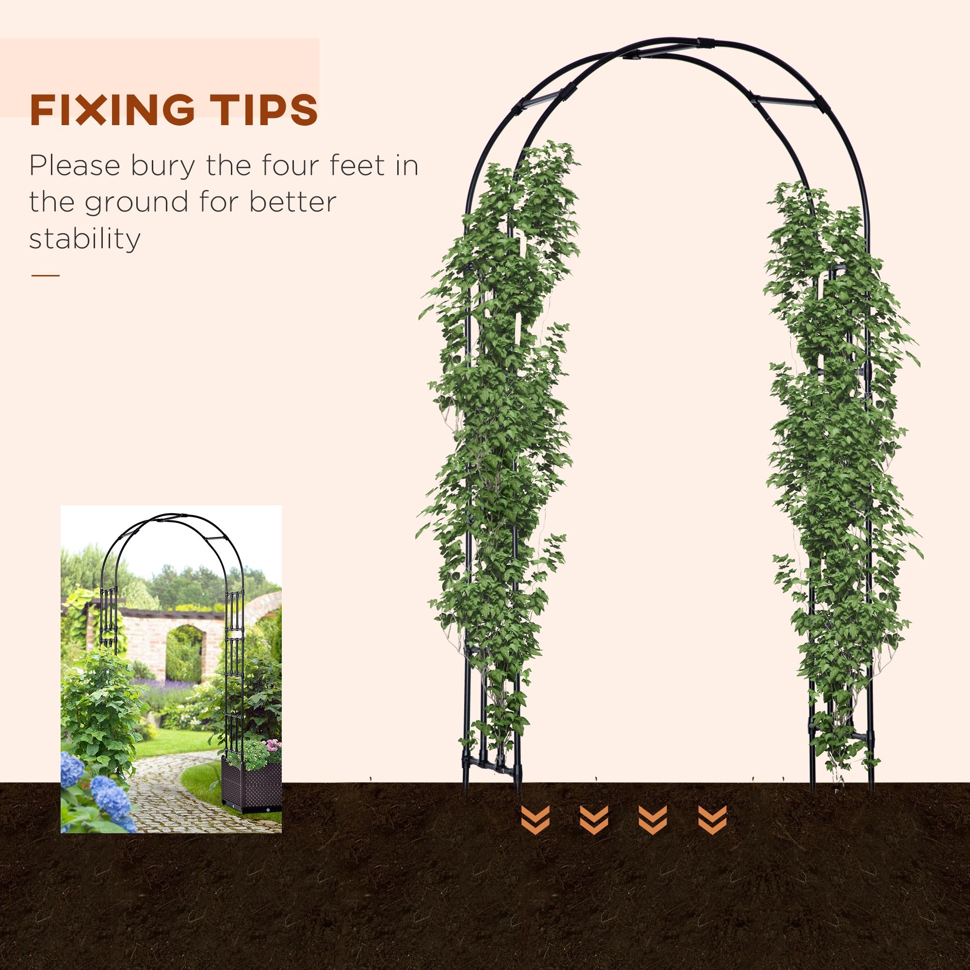 8ft Garden Arch with Two Planters Outdoor Steel Trellis Arbor for Climbing Plants, Weddings, Party, Brown, Black Garden Arches   at Gallery Canada