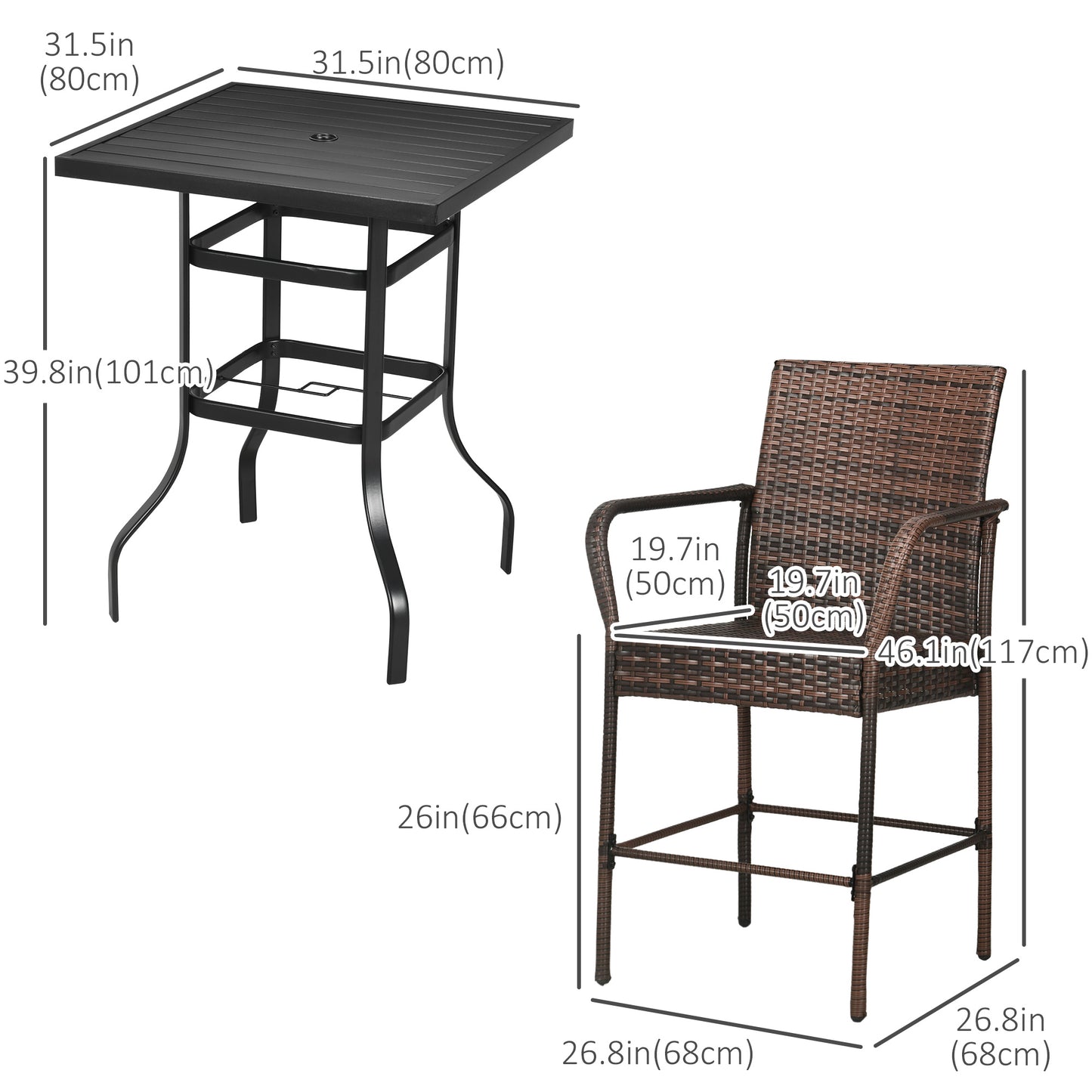 5-Piece Wicker Bar Set, Patio Bar Table Chair with Parasol Hole for Poolside, 31.5"x31.5"x39.8", Brown Bistro Sets   at Gallery Canada