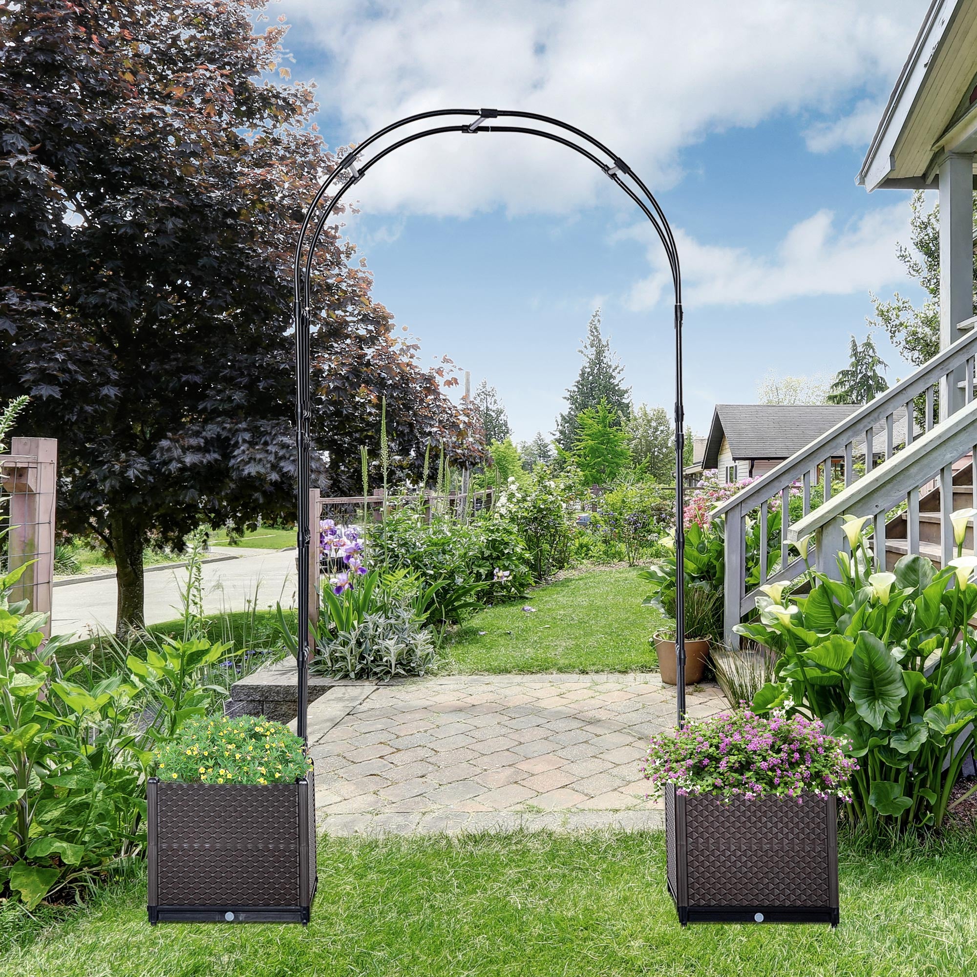 8ft Garden Arch with Two Planters Outdoor Steel Trellis Arbor for Climbing Plants, Weddings, Party, Brown, Black Garden Arches   at Gallery Canada