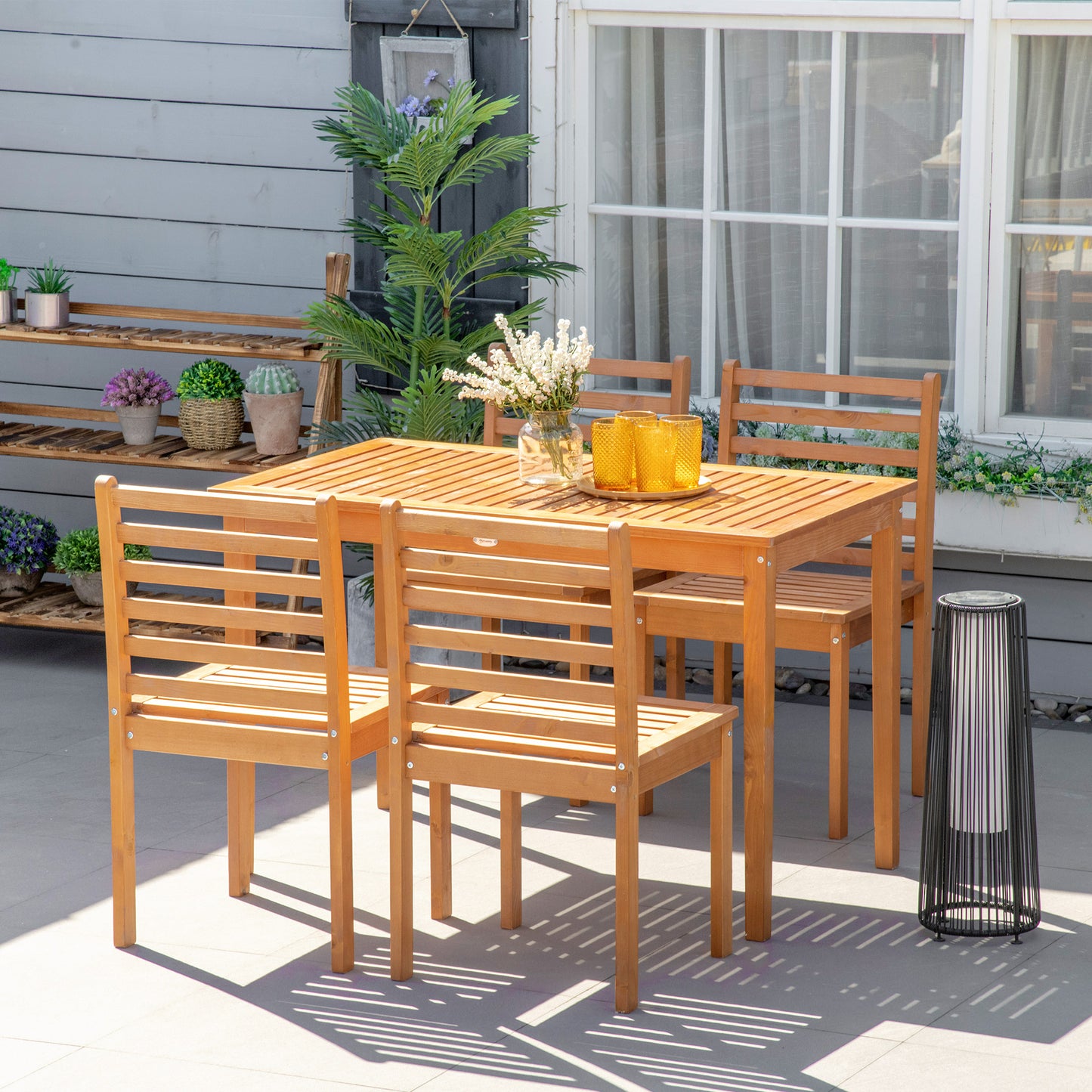 5 Pieces Patio Dining Set for 4, Wooden Outdoor Table and Chairs with Slatted Design for Garden, Patio, Backyard, Orange Outdoor Dining Sets   at Gallery Canada