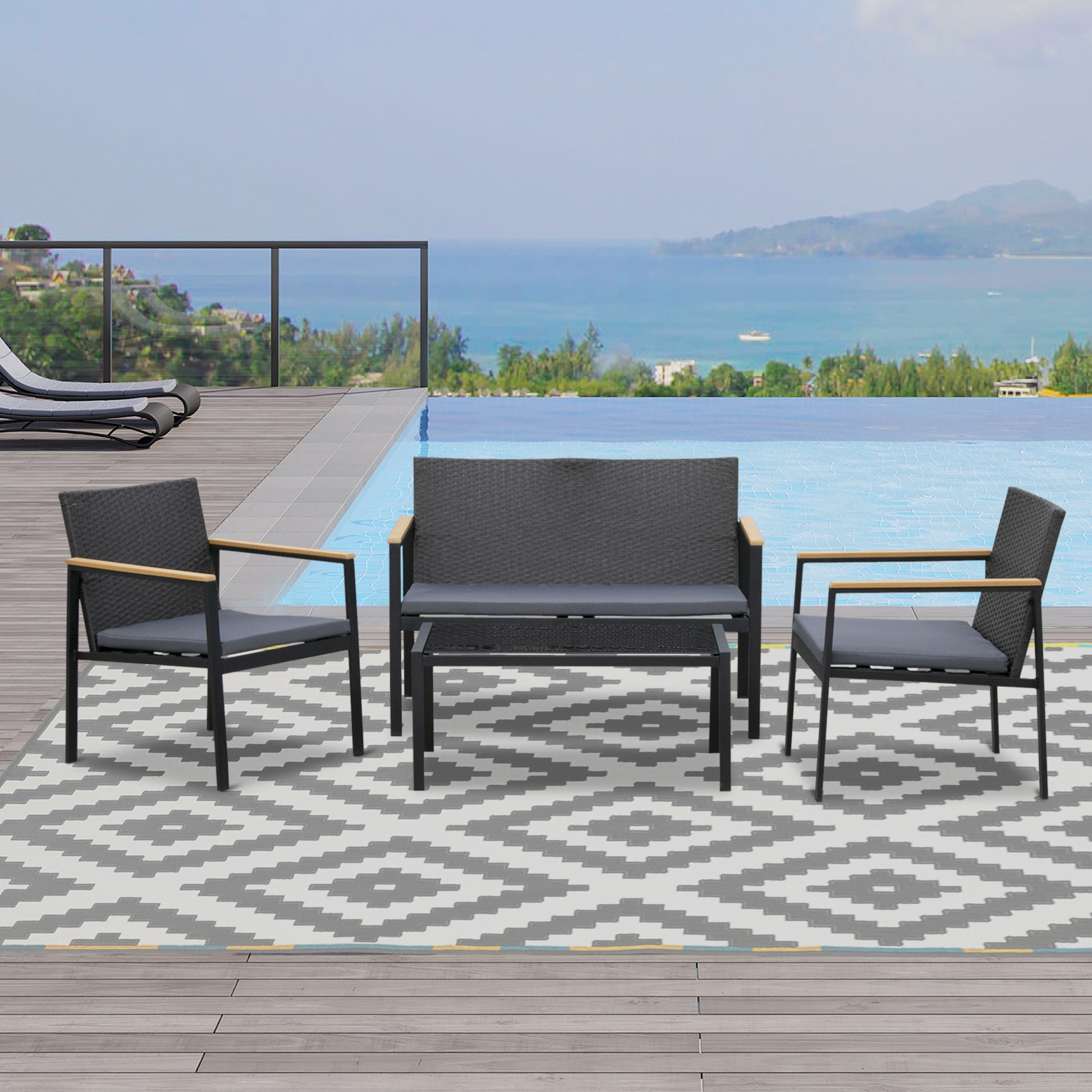 4-Piece Wicker Patio Furniture Set with Cushions, Glass Table, Black Patio Furniture Sets   at Gallery Canada