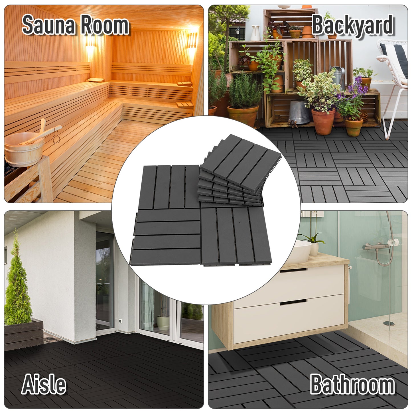 9 Pcs PP Interlocking Composite Deck Tile, 12" x 12" Outdoor Flooring Tiles for Indoor and Outdoor Use, Tools Free Assembly, Black Deck Tiles   at Gallery Canada