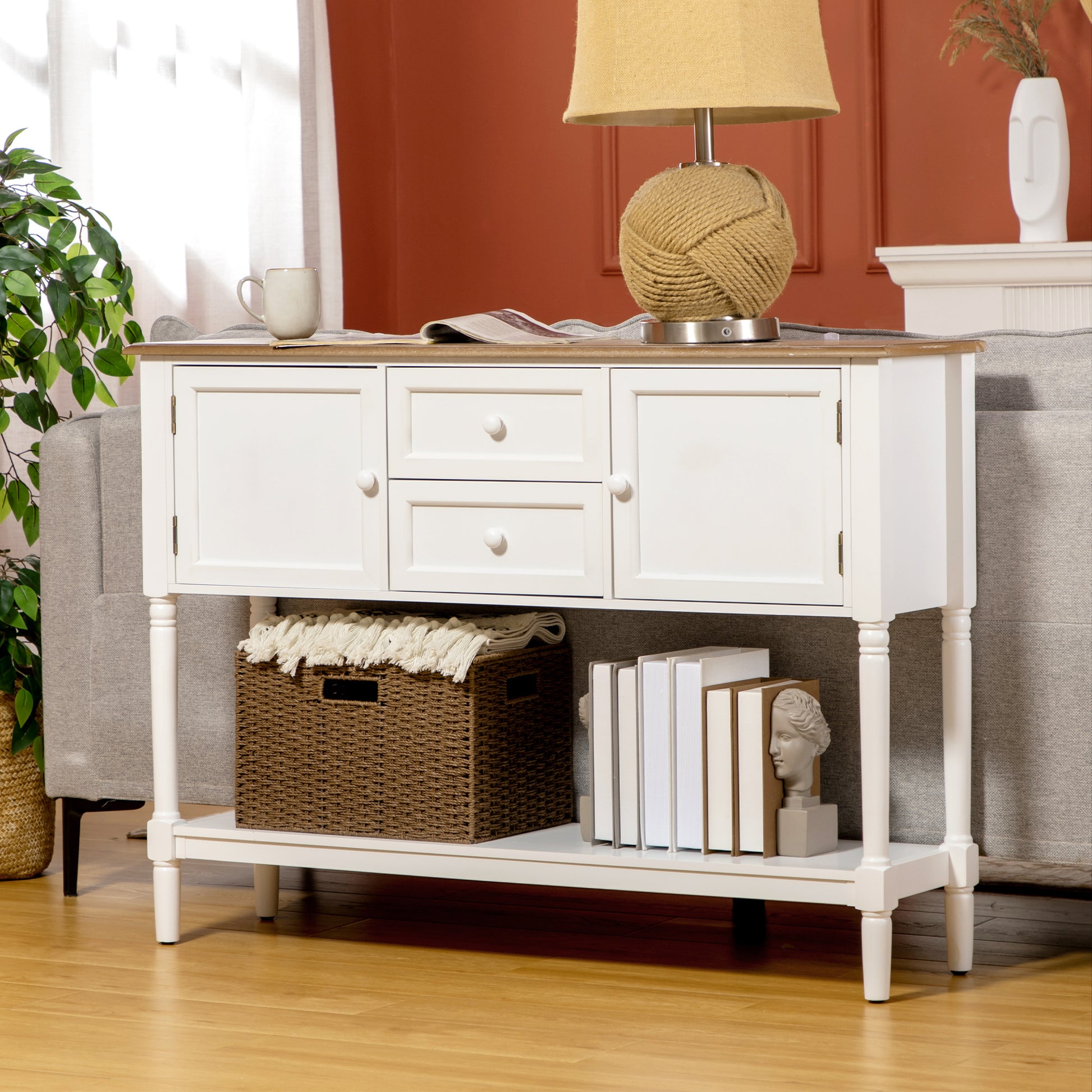 Vintage Console Table with 2 Drawers and Cabinets, Retro Sofa Table for Entryway, Living Room and Bedroom, White Console Tables   at Gallery Canada