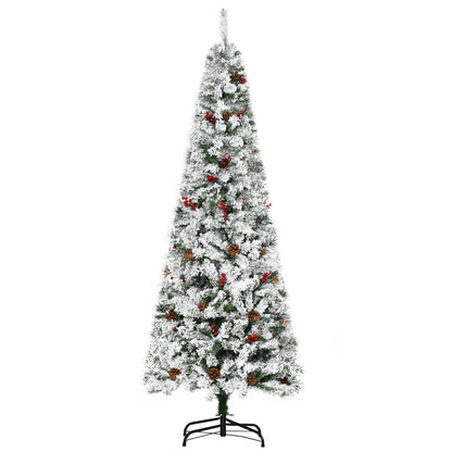 6 Foot Pencil Snow Flocked Artificial Christmas Tree with 600 Pine Realistic Branches, Pine Cones, Red Berries, Auto Open, Green Pencil Christmas Trees Multi Colour  at Gallery Canada