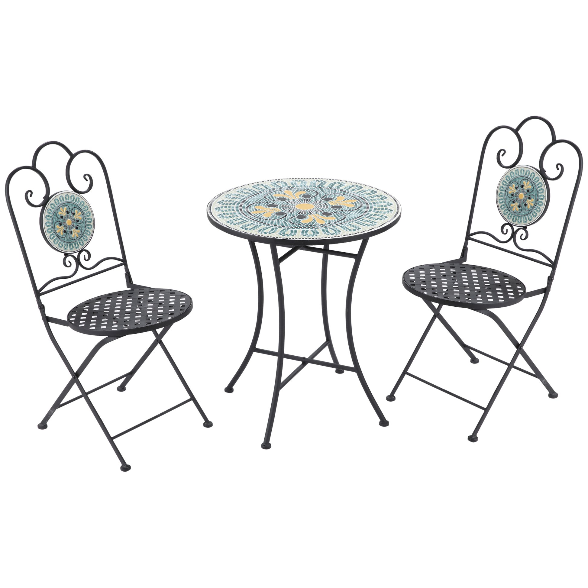 3-Piece Patio Bistro Set with Folding Chairs, Outdoor Coffee Set with Mosaic Top for Backyard, Balcony, Poolside, Green Bistro Sets Multi Colour  at Gallery Canada