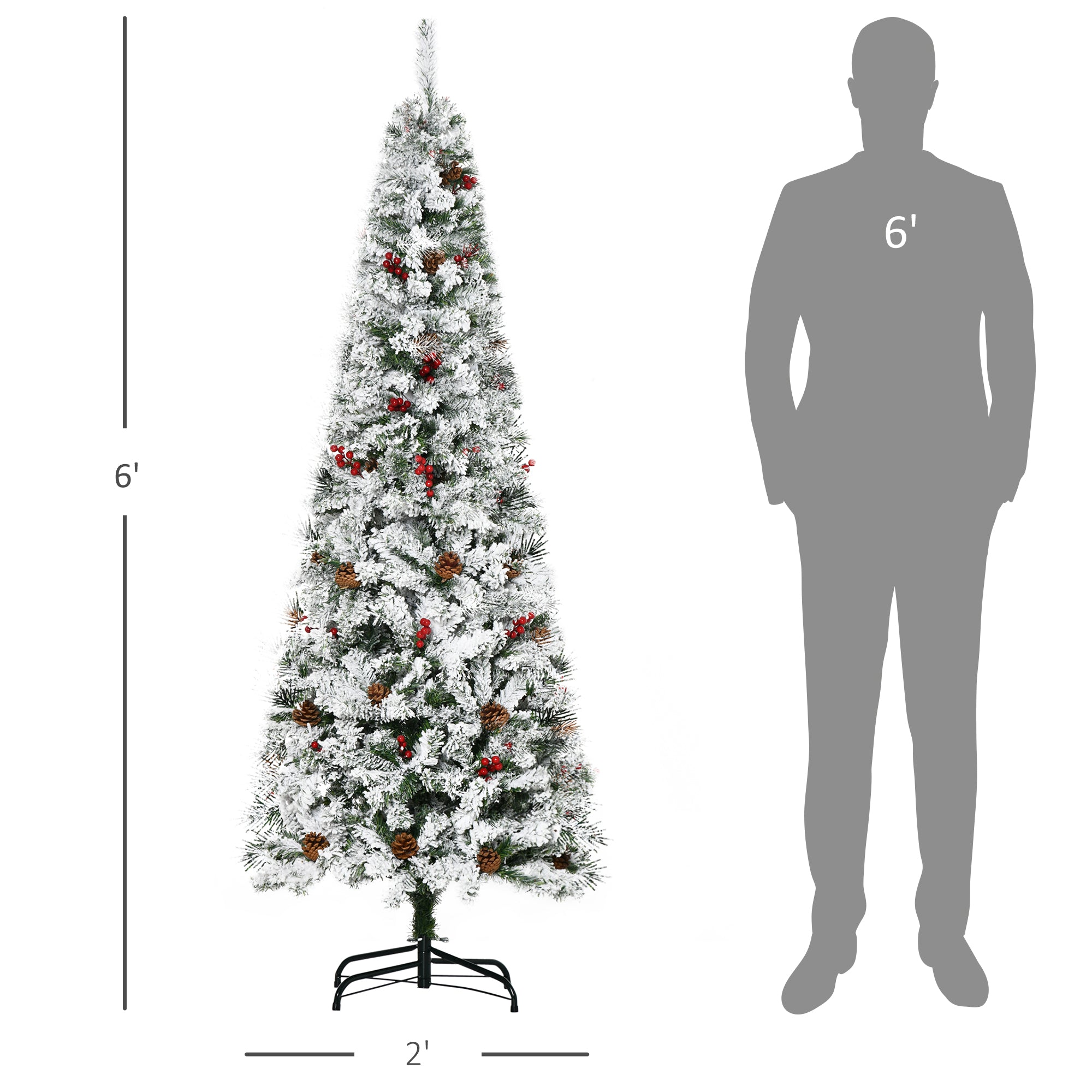 6 Foot Pencil Snow Flocked Artificial Christmas Tree with 600 Pine Realistic Branches, Pine Cones, Red Berries, Auto Open, Green Pencil Christmas Trees   at Gallery Canada