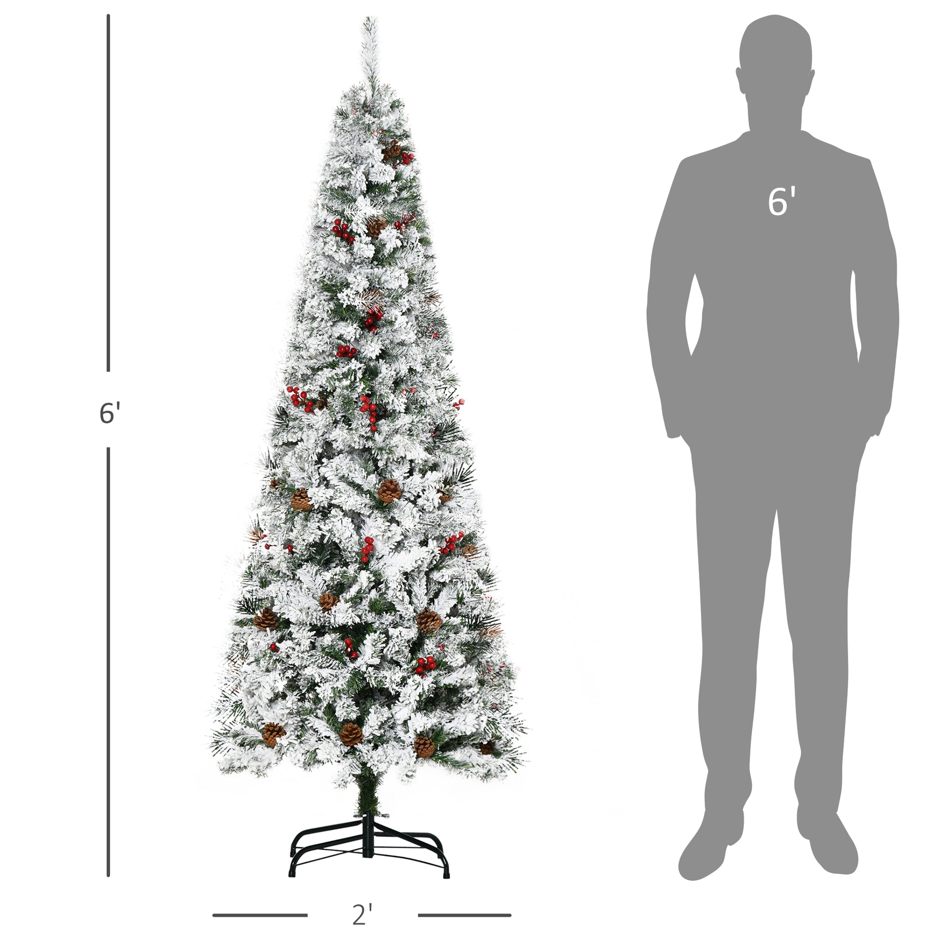 6 Foot Pencil Snow Flocked Artificial Christmas Tree with 600 Pine Realistic Branches, Pine Cones, Red Berries, Auto Open, Green Pencil Christmas Trees   at Gallery Canada