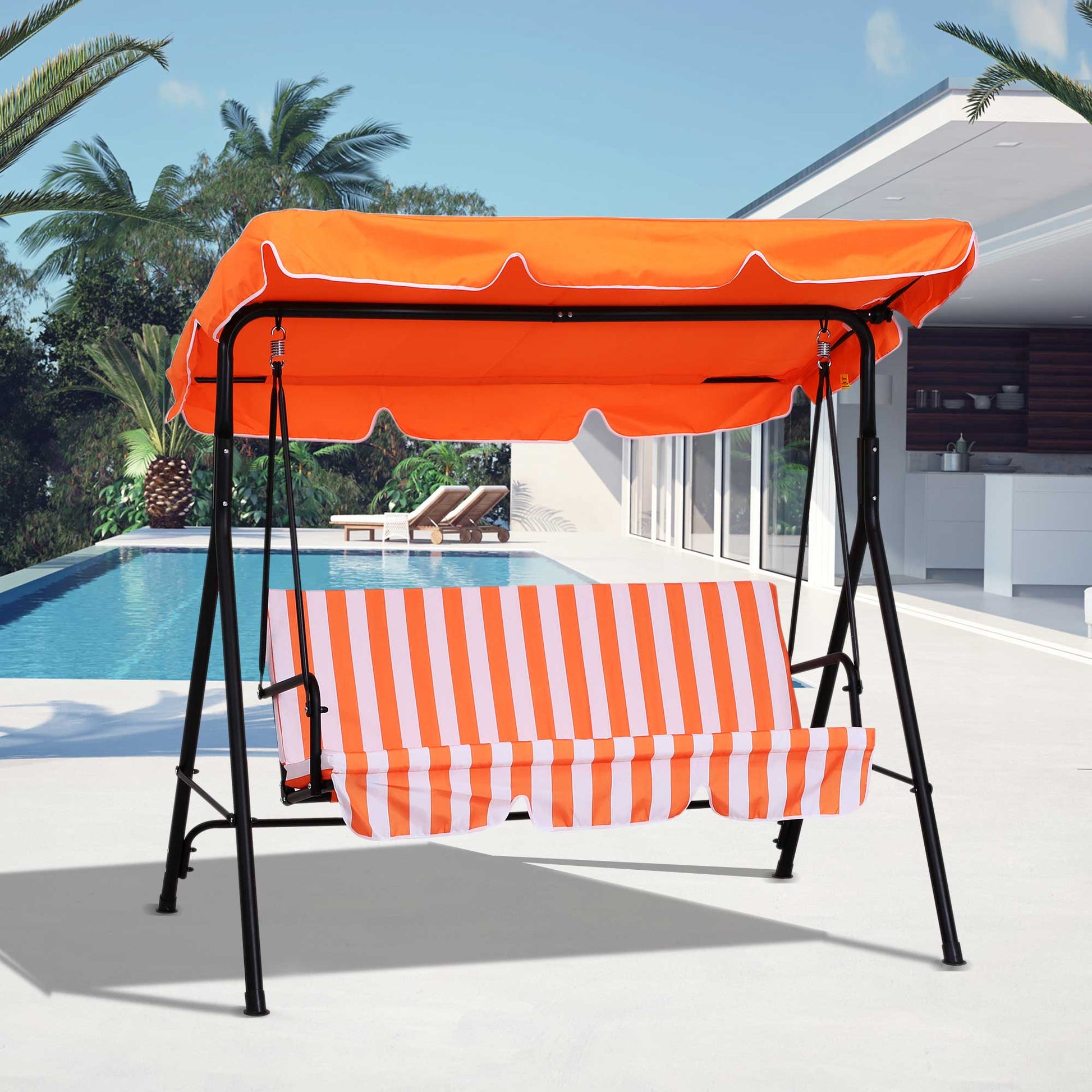 3-Seat Outdoor Patio Swing Chair with Adjustable Canopy and Removable Cushion, Weather-Resistant Steel Frame, Orange Porch Swings with Canopy   at Gallery Canada