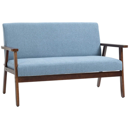 Compact Loveseat Sofa Couch Linen Fabric Double Seat Sofa with Rubber Wood Frame Blue