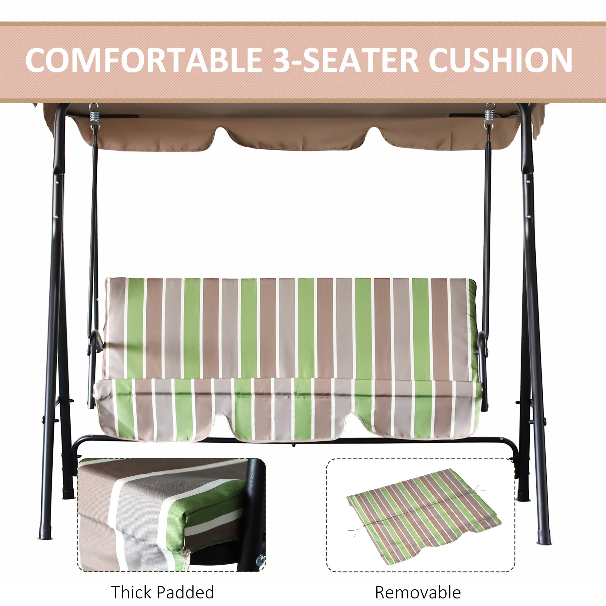 3-Seat Outdoor Swing Chair with Adjustable Canopy, Removable Cushion, Weather-Resistant Frame, Green Stripes Patio Swings with Stand   at Gallery Canada