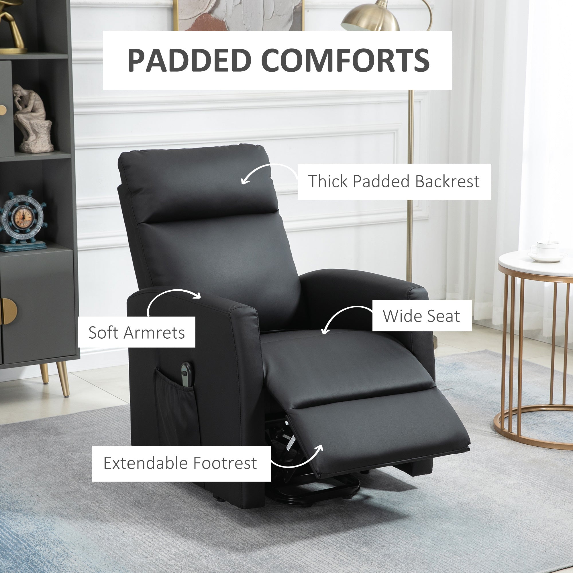 Power Lift Recliner Chair with Remote Control Side Pocket for Living Room Home Office Study Black Electric Power Lift Chairs   at Gallery Canada