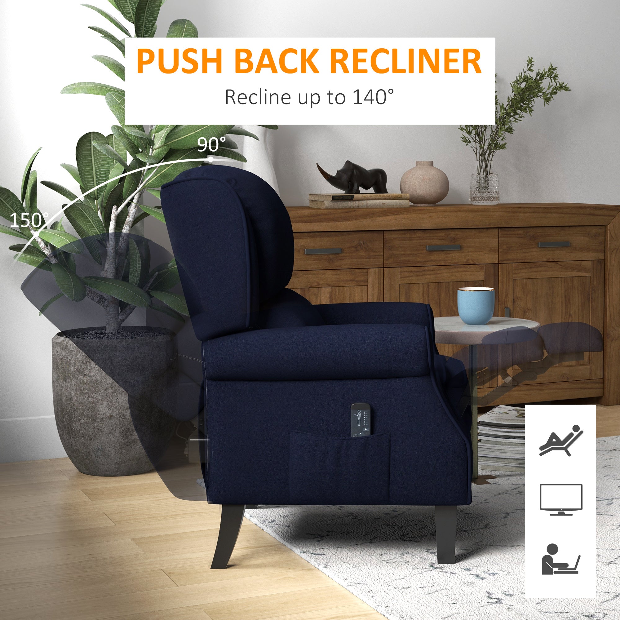 Push Back Recliner Chair, Vibration Massage Recliner for Living Room with Extendable Footrest, Remote, Pocket, Blue Single Sofas   at Gallery Canada