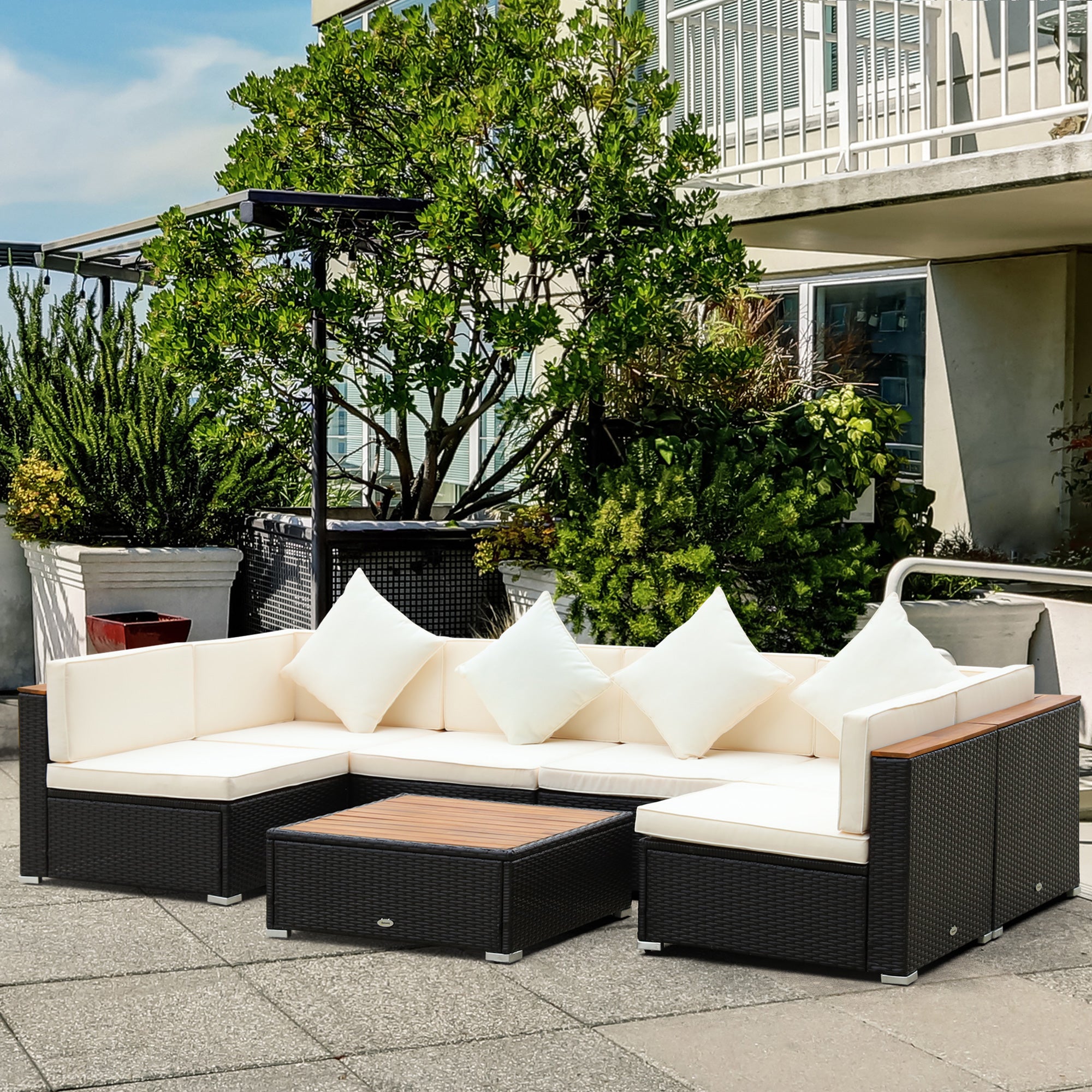 7-Piece Wicker Patio Furniture Set with Cushions and Acacia Table, Beige Patio Furniture Sets   at Gallery Canada