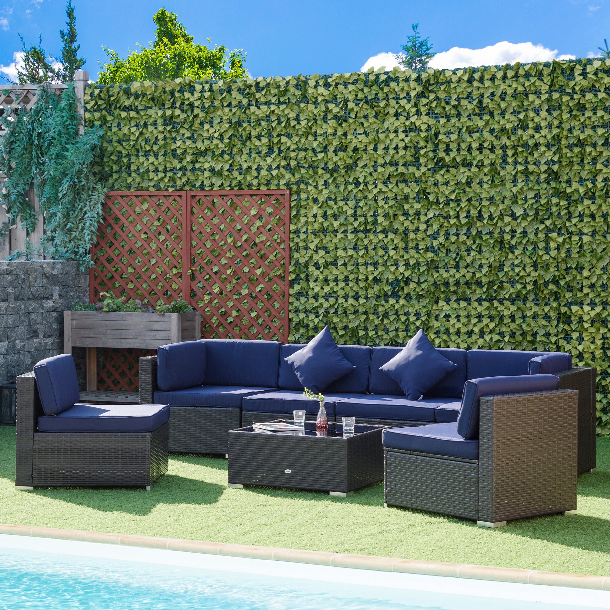 7 Pieces Patio Furniture Set, Rattan Outdoor Conversation Set Garden Wicker Sofa Set, Sectional Furniture, Navy Patio Furniture Sets   at Gallery Canada