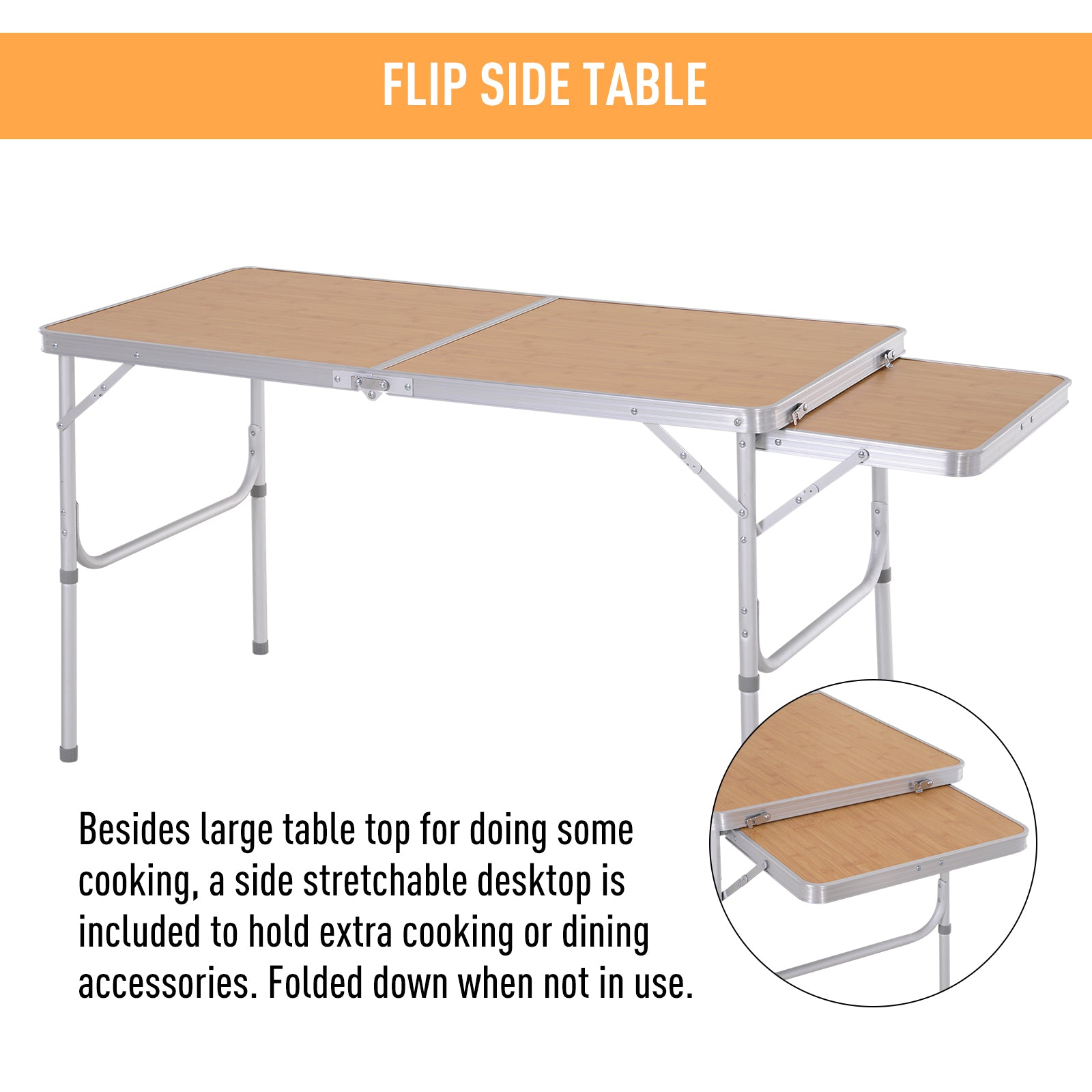 Portable 4ft Aluminum Folding Picnic Table with Slide Shelf, Adjustable Height, Lightweight for Camping BBQ, Bamboo Colour Picnic Tables & Camping Chairs   at Gallery Canada