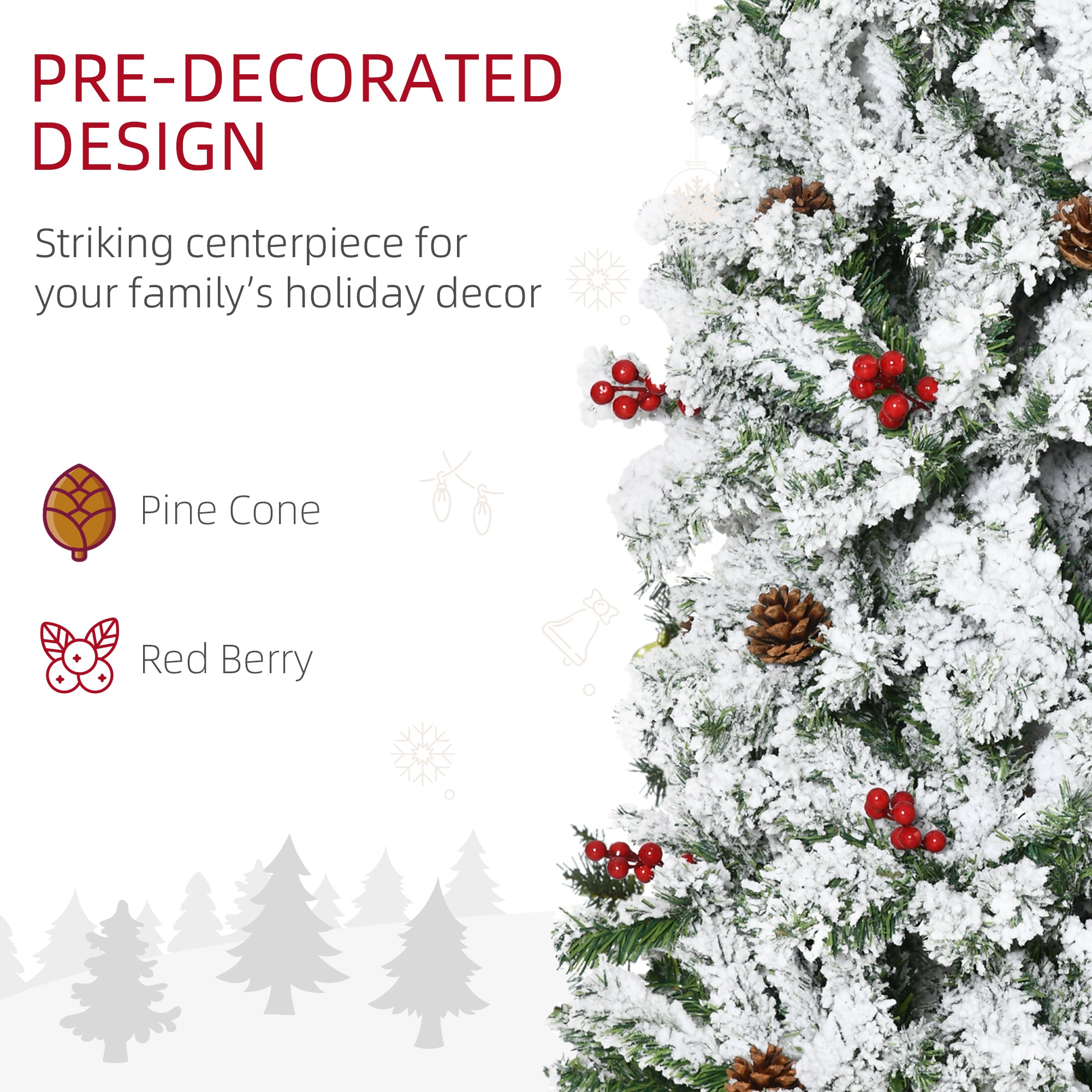 7.5 Foot Pencil Snow Flocked Artificial Christmas Tree with 950 Pine Realistic Branches, Pine Cones, Red Berries, Auto Open, Green Pencil Christmas Trees   at Gallery Canada