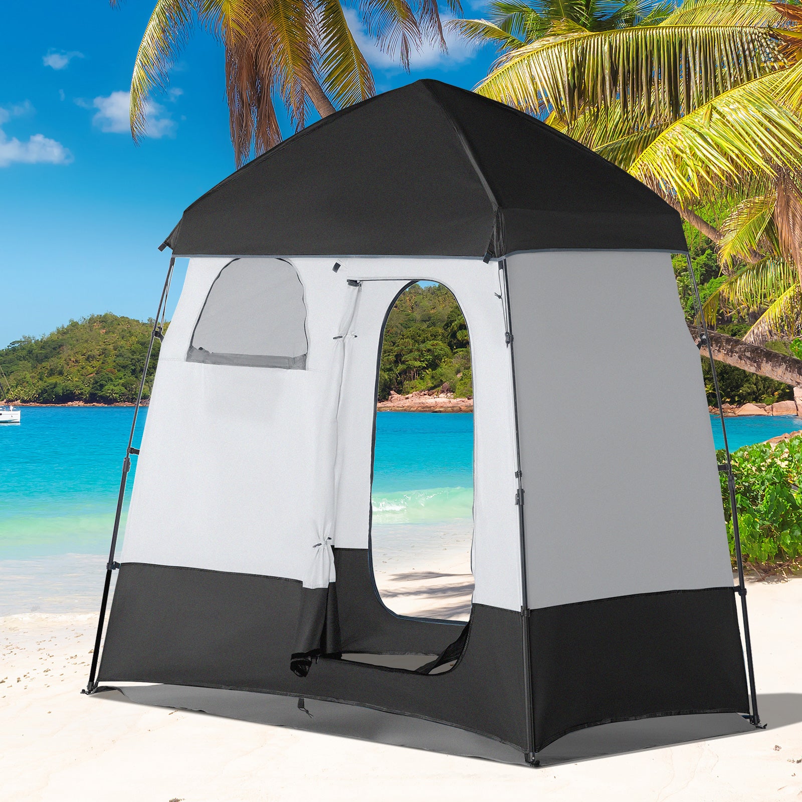 Pop Up Shower Tent, Portable Privacy Shelter for 2 Persons, Changing Room with 2 Windows, 3 Doors, Carrying Bag, Grey and Black Camping Tents   at Gallery Canada