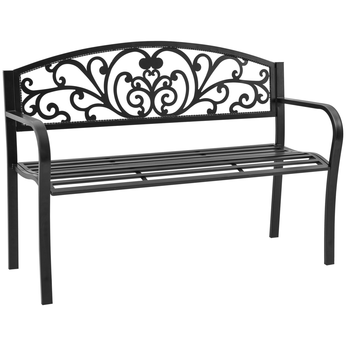 Steel Garden Bench for Outdoor, 2-person Patio Bench, Floral Rose Accent, Loveseat Furniture for Lawn, Deck, Yard, Porch and Entryway, Black Outdoor Benches Black  at Gallery Canada