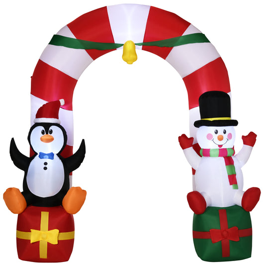 9ft Christmas Inflatable Candy Cane Archway with Penguin Snowman Sit on Gift Box, Blow-Up Outdoor LED Yard Display for Lawn Garden - Gallery Canada