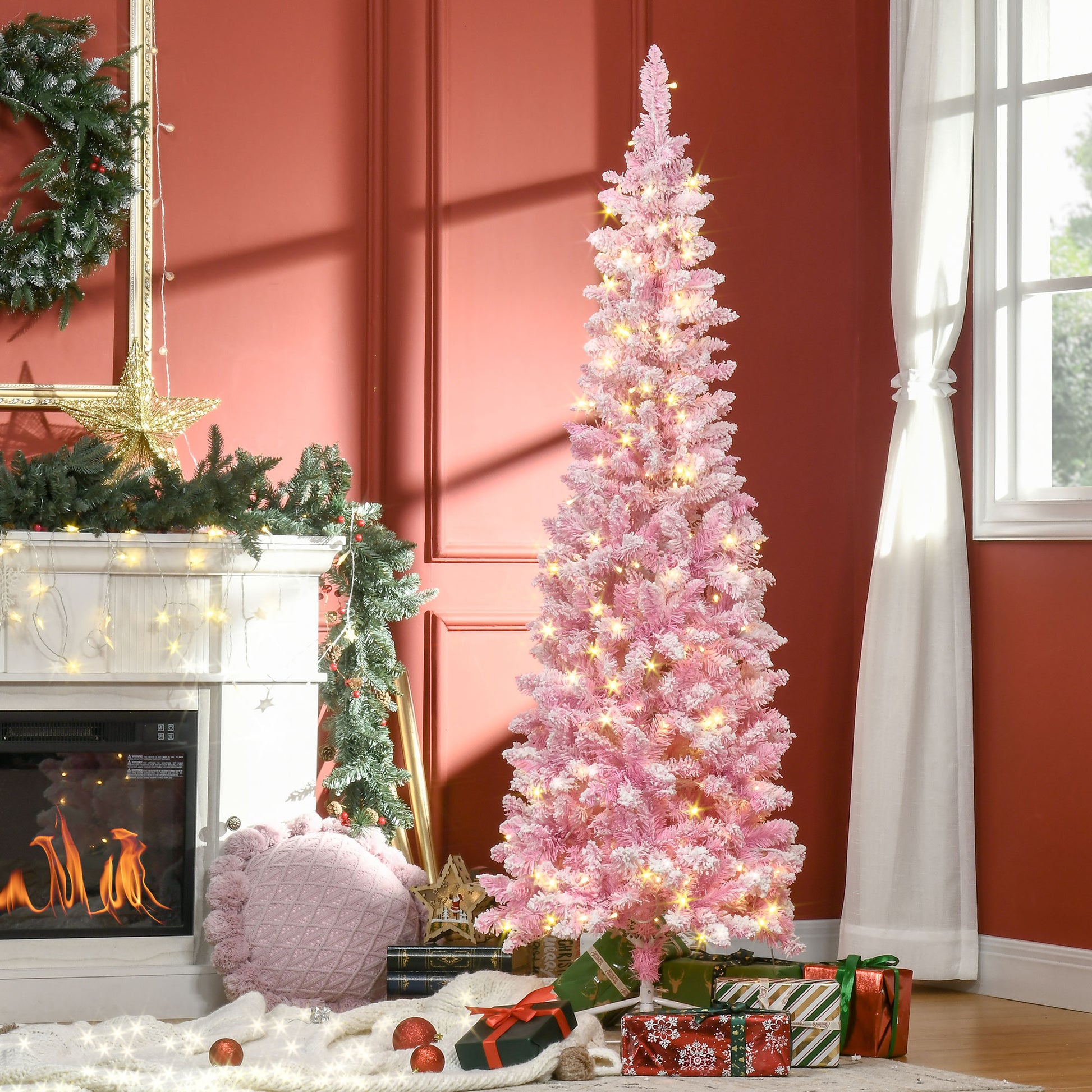 6 Foot Prelit Snow Flocked Artificial Christmas Tree with Pencil Shape, 500 Pine Realistic Branches, Warm White LED lights, Auto Open, Pink and White Pre Lit Christmas Trees   at Gallery Canada