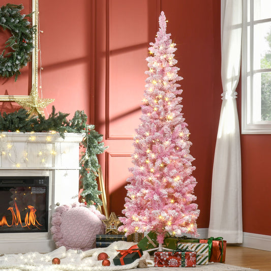 6 Foot Prelit Snow Flocked Artificial Christmas Tree with Pencil Shape, 500 Pine Realistic Branches, Warm White LED lights, Auto Open, Pink and White Pre Lit Christmas Trees Pink  at Gallery Canada