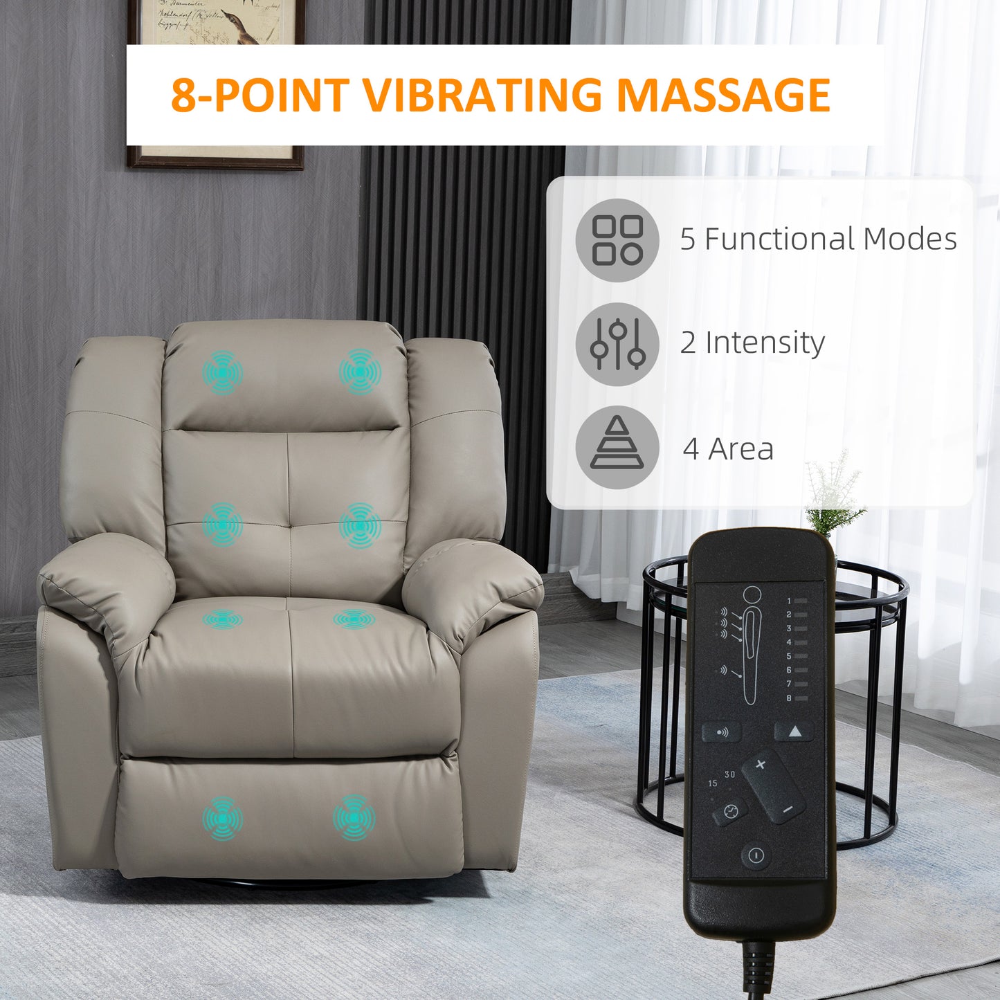 8-Point Vibration Massage Recliner Chair for Living Room, PU Leather Reclining Chair, Swivel Recliner with Remote Control, Rocking Function, Grey Single Sofas   at Gallery Canada