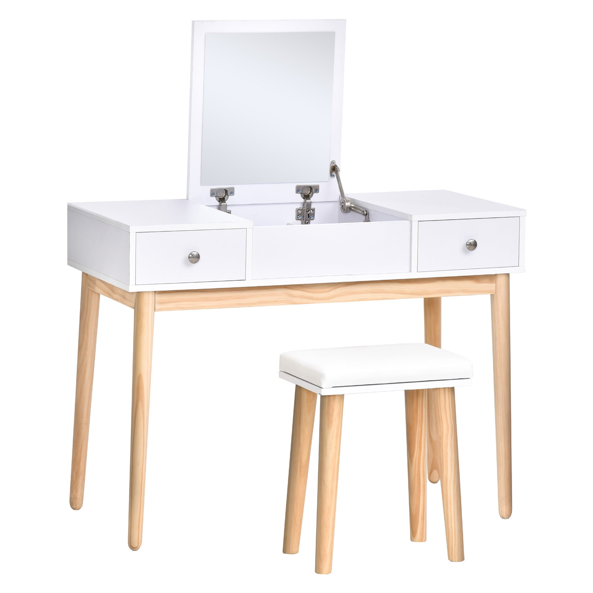 Flip Top Mirror Vanity Set with Cushioned Stool, 2 Drawers, Storage Grids, White Dressing & Vanity Tables White  at Gallery Canada