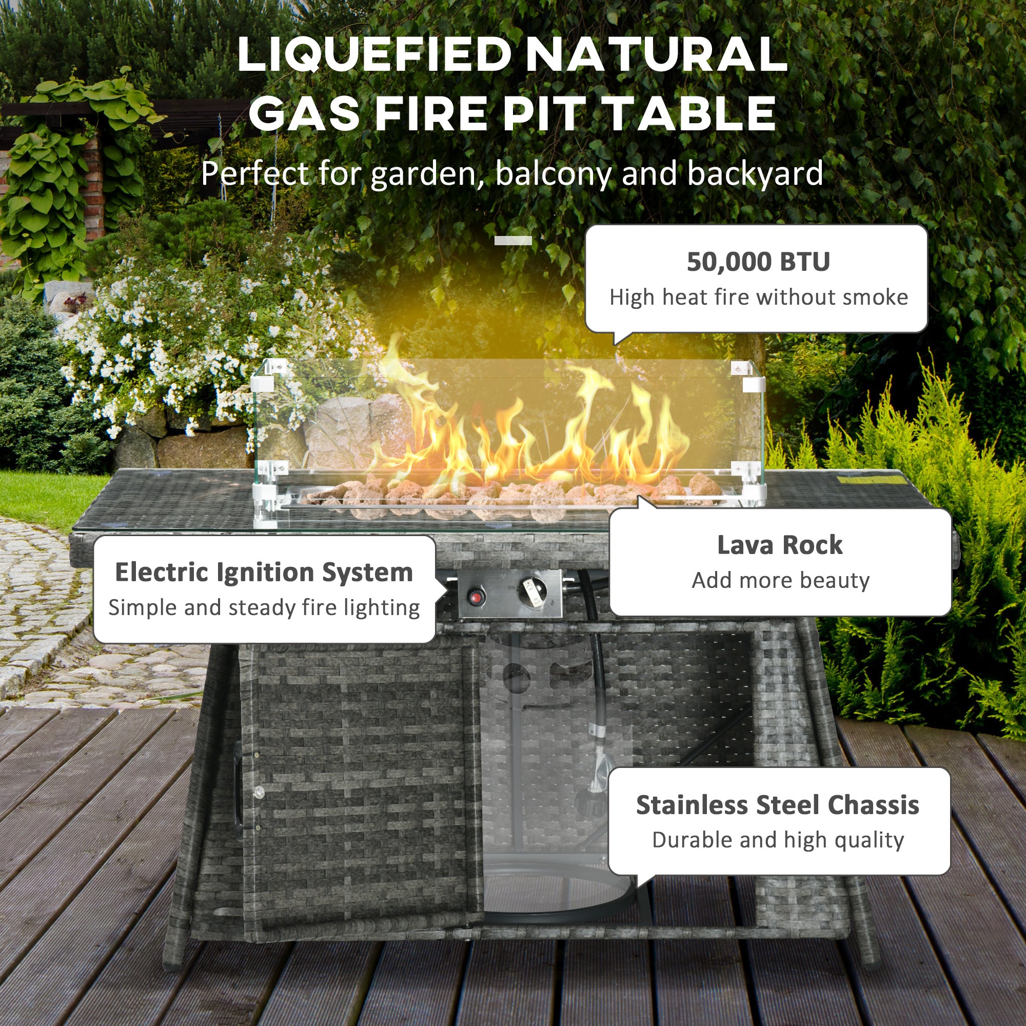 50,000 BTU Gas Fire Pit Patio Set, PE Rattan Sofa & Dining Table, Grey Patio Furniture Sets   at Gallery Canada