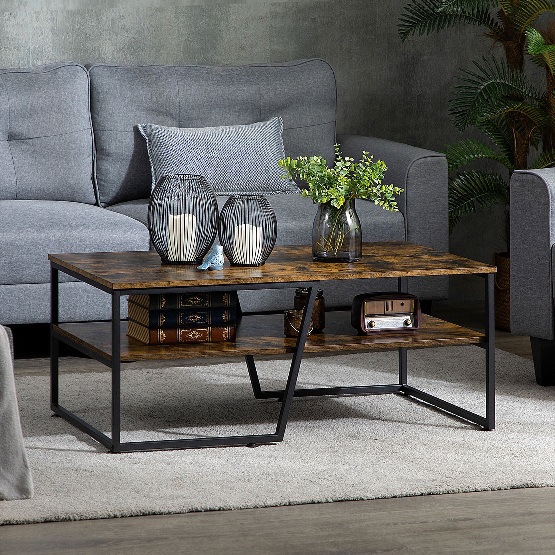 Coffee Table with Storage Shelf, Center Table with Steel Frame and Adjustable Foot Pads for Living Room, Rustic Brown Coffee Tables   at Gallery Canada