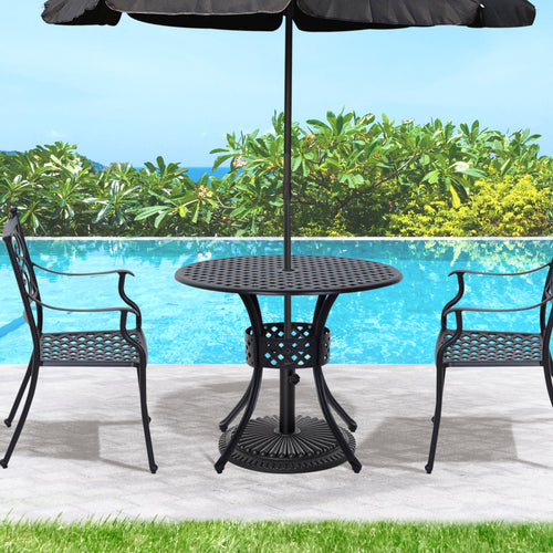 Cast Aluminum Patio Outdoor Bistro Round Dining Table with Umbrella Hole, 33-Inch Diameter Outdoor Garden Furniture, Black