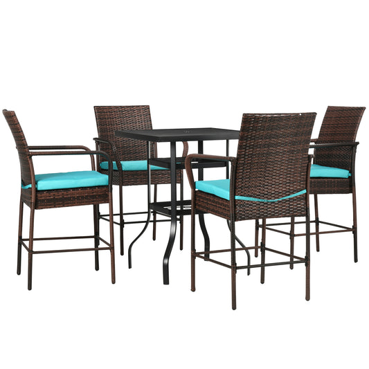 5-Piece Wicker Bar Set, Patio Bar Table Chair with Parasol Hole for Poolside, 31.5"x31.5"x39.8", Brown - Gallery Canada