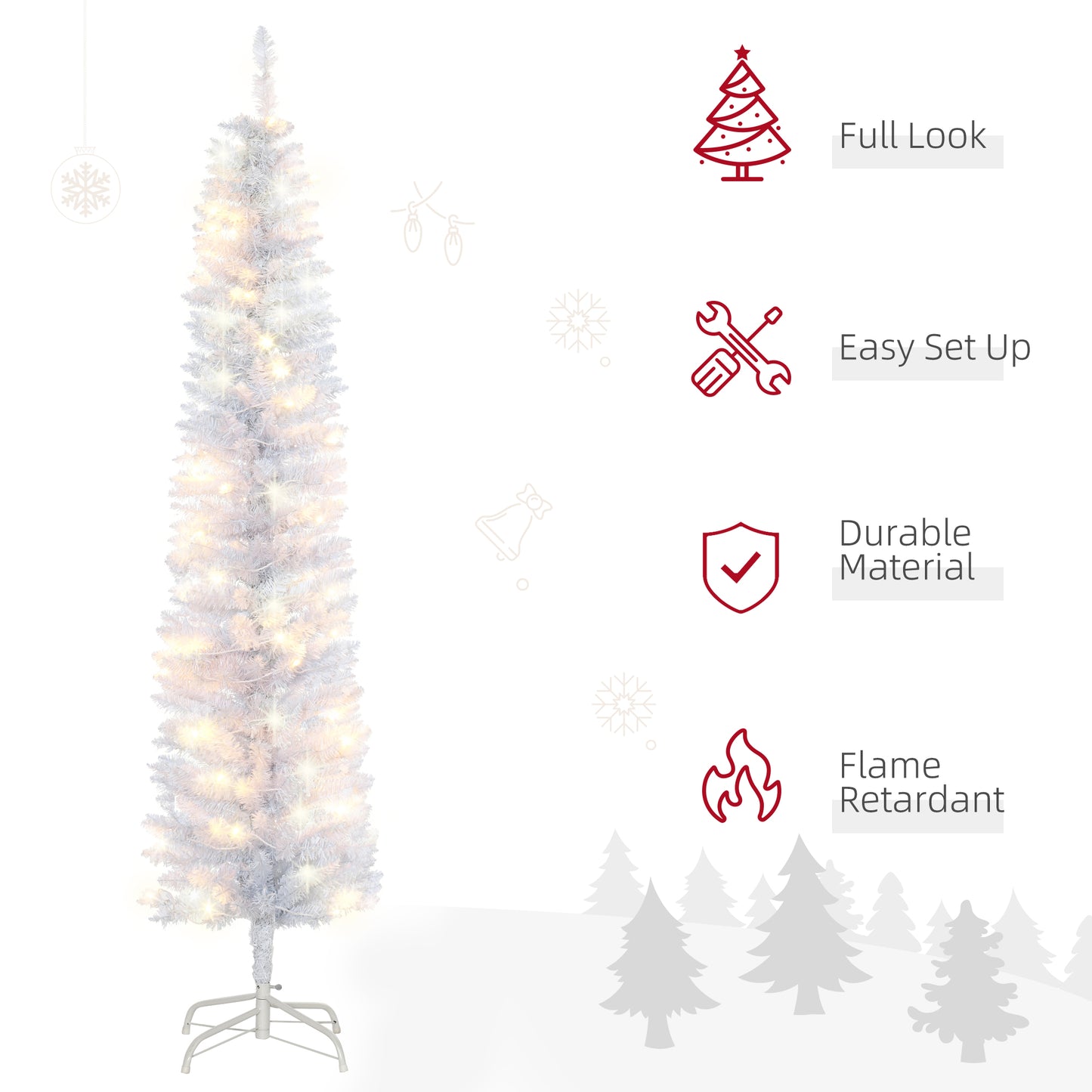 6ft Tall Prelit Pencil Artificial Christmas Tree, Holiday Décor with 395 Realistic Branches, 100 LED Lights, Foldable Metal Base, White Pre Lit Christmas Trees   at Gallery Canada