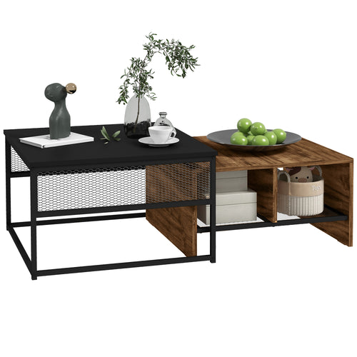 Coffee Table Set of 2, Industrial Nesting Tables, Square Coffee Table and Narrow Sofa Side Table for Living Room