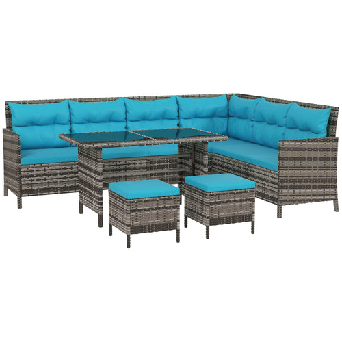 6pcs Outdoor Rattan Sofa Set Garden Wicker Sectional Couch Furniture Set with Dining Table and Chair Sky Blue