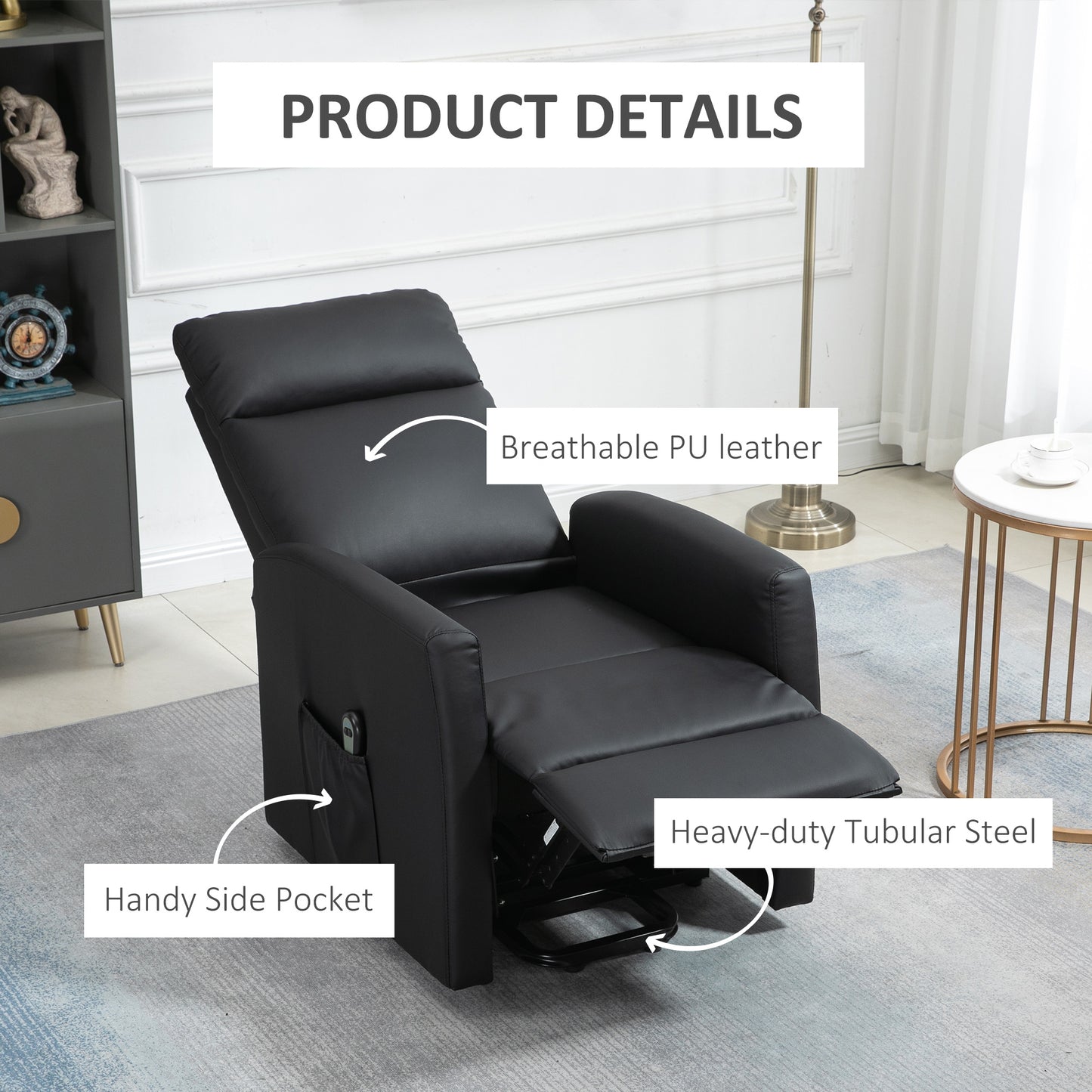 Power Lift Recliner Chair with Remote Control Side Pocket for Living Room Home Office Study Black Electric Power Lift Chairs   at Gallery Canada