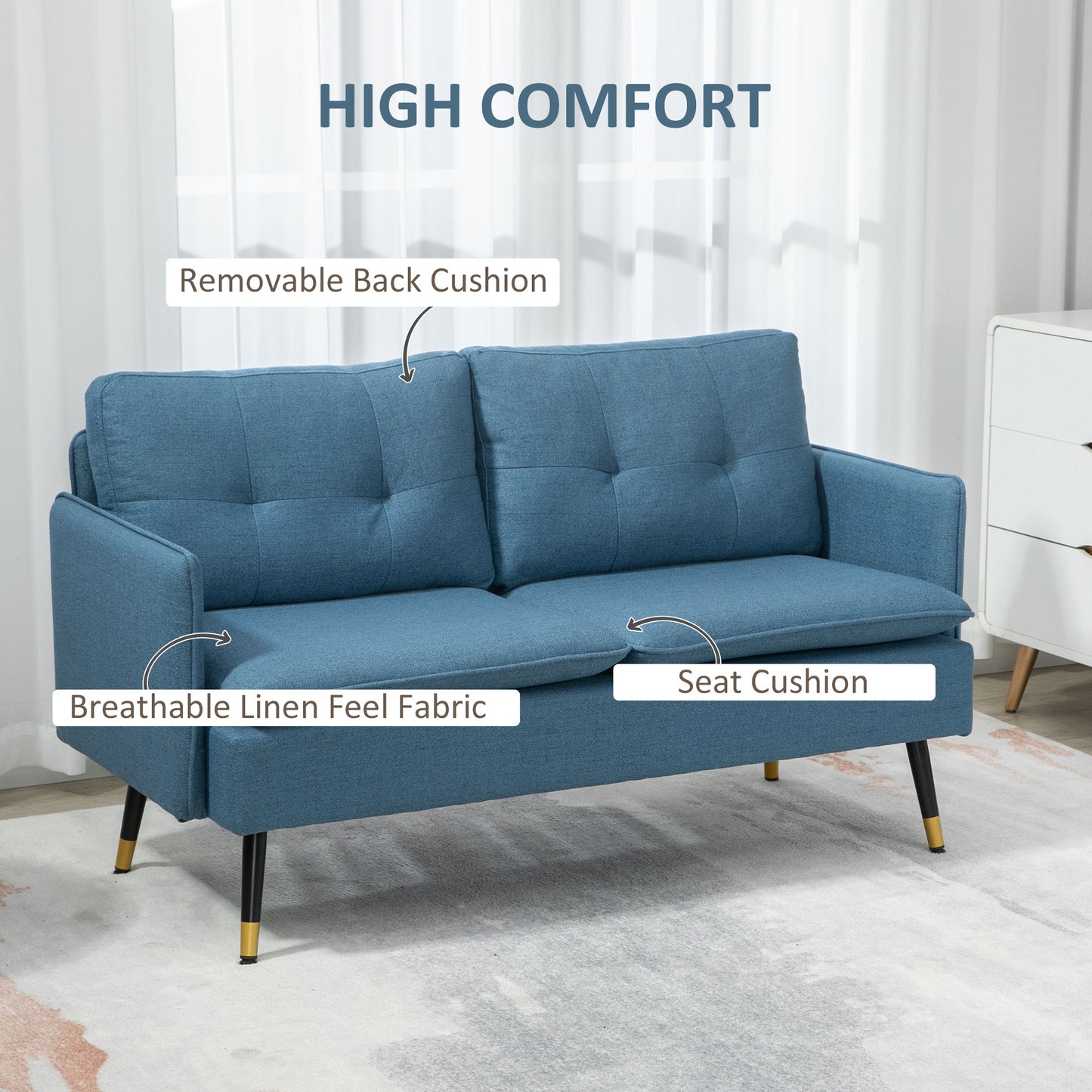 55" Loveseat Sofa for Bedroom, Modern Love Seats Furniture with Button Tufting, Upholstered Small Couch for Small Space, Dark Blue 2-Seater Sofas   at Gallery Canada