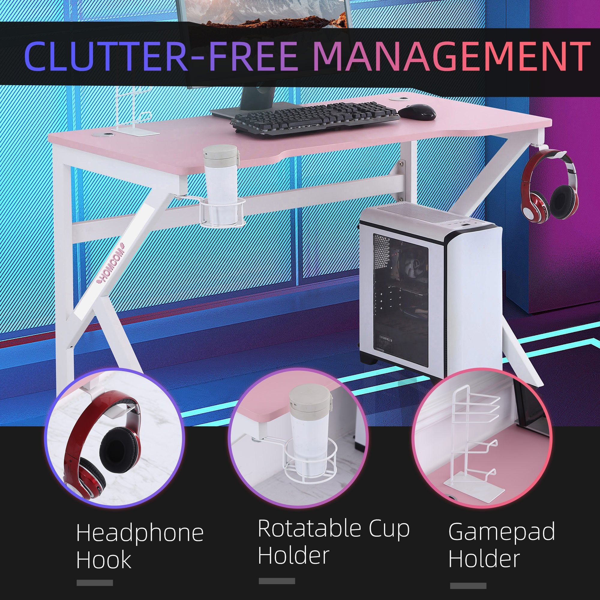 47 inch Gaming Desk, Racing Style Computer Table, Home Office Workstation with Rotatable Cup Holder, Headphone Hook, Gamepad Stand, Wire Port, Pink Gaming Desks   at Gallery Canada