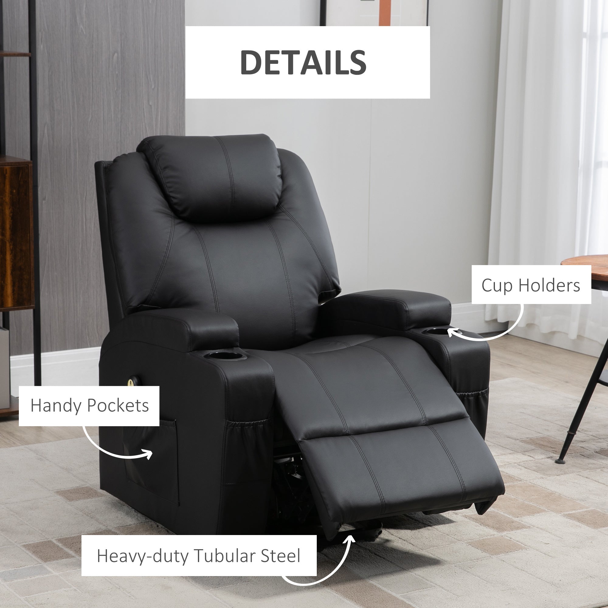 Power Lift Chair for Elderly, PU Leather Recliner Sofa Chair with Footrest, Remote Control, Side Pockets and Cup Holders, Black Electric Power Lift Chairs   at Gallery Canada